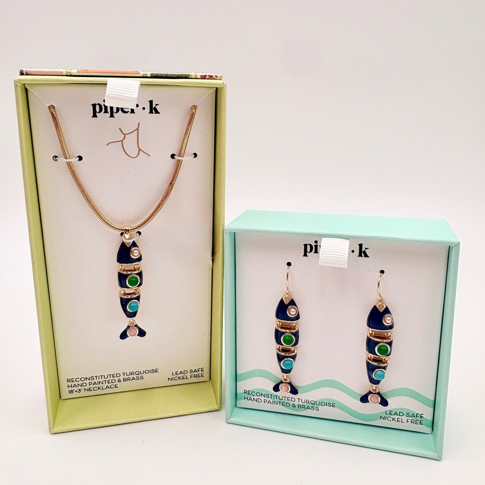 Piper K Articulated Fish Necklace and Earrings Set Navy Blue Gold Brass Coastal